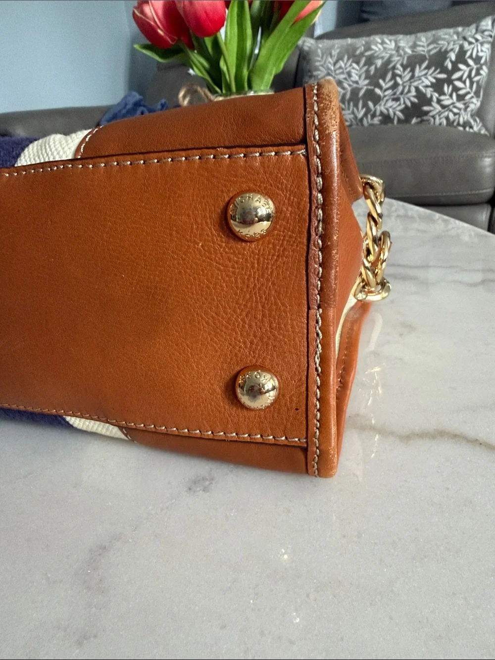 Michael Kors Cream & Navy Stripe Canvas Satchel with Tan Trim